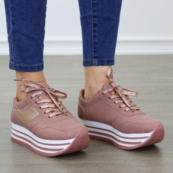 Glittery Pink & White Chunky Platform Sneakers - Picture 2 of 8